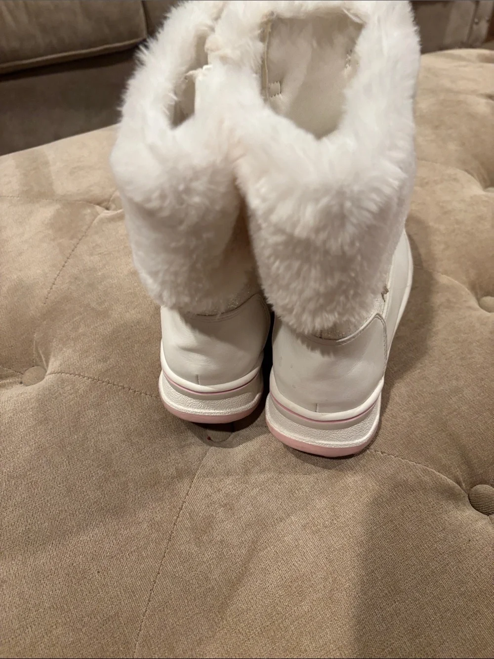Girls Kids White Faux-Fur Glitter Winter Boots with Pom-Pom Laces
